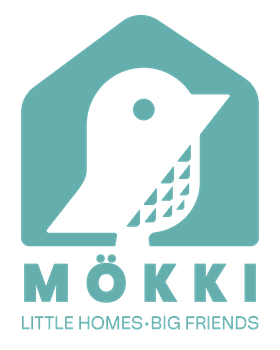 Logo of the MÖKKI project by Ulap design for Biodiversity. A triangular shape, similar to a house, in a light petrol green colour, with the silhouette of a minimally shaped bird in the centre, the naming of the MÖKKI project and the payoff: "little homes * big friends".